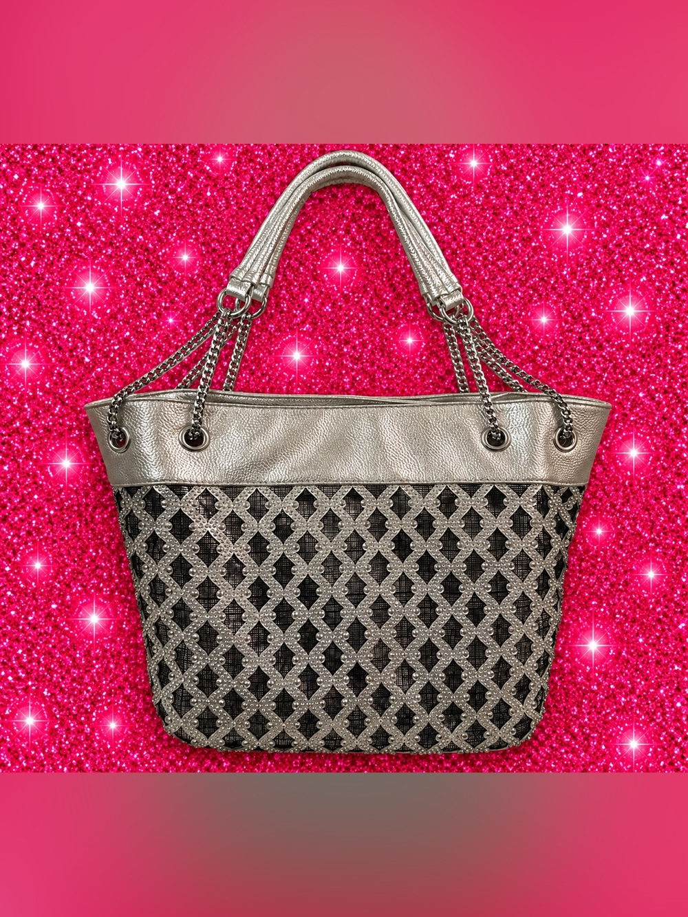 Y2K Metallic🩶Silver Rhinestone Chain-Handle Tote Bag